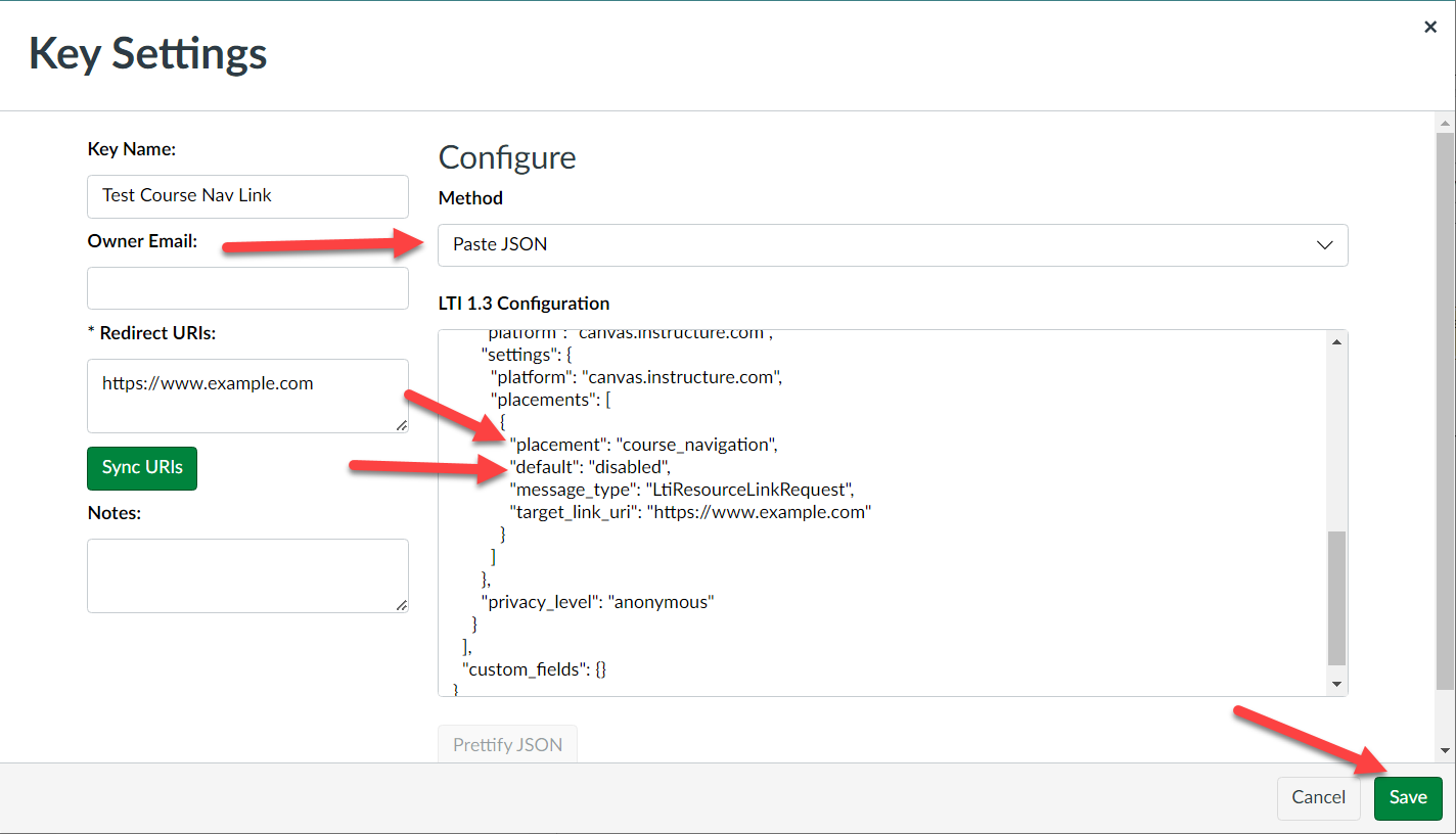 developer key settings to hide course navigation placement by default